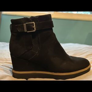 Black, suede-like, wedge short boots. Size 9